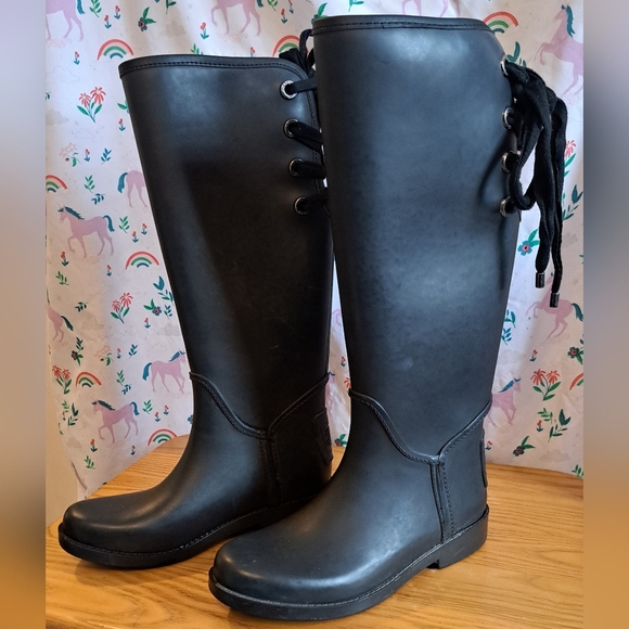 Coach Tristee Matte Black Tall Rubber Corset Lace Up Casual Prep Boot Shoe SZ 6B - Picture 1 of 11